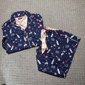 Wine Enthusiast 100% Cotton Pajama Set Navy Blue Print Ladies Small